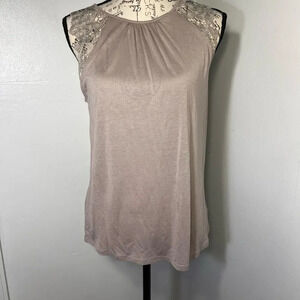 H&M, S, lace sleeveless gathered scoop neck, viscose shirt taupe ￼